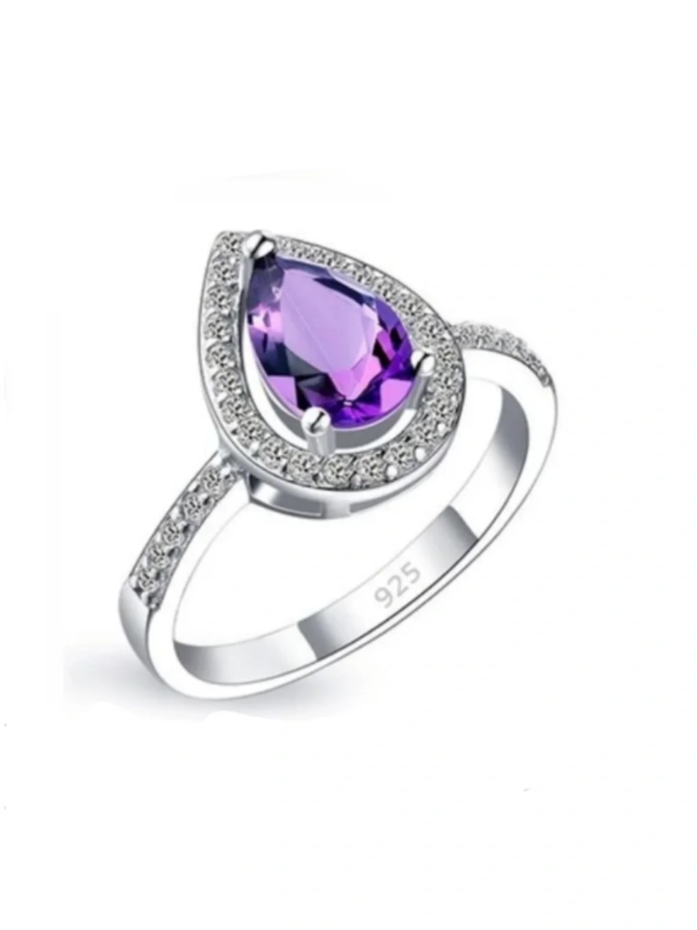 Swarovski Elements 925 Sterling Silver Amethyst Purple Teardrop Ring NEW